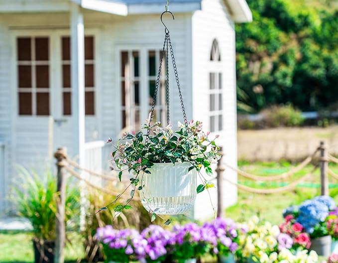 Melphoe 2 Pack Self Watering Hanging Planters Indoor Flower Pots, 6.5 Inch Outdoor Hanging Plant Pot Basket, Plant Hanger with 3Hooks Drainage Holes for Garden Home Melphoe