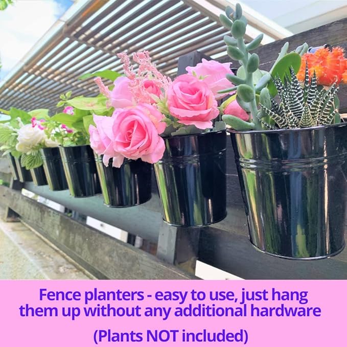 LaLaGreen Railing Planter 10 Pack, 6 Inch Hanging Flower Pot Black, Outdoor Large Metal Iron Fence Bucket, Balcony Garden Wall Deck Porch Patio Rail Decor Hanger Hook Farmhouse Balcony 6'''' (15cm) L%C3%A1L%C3%A1Green