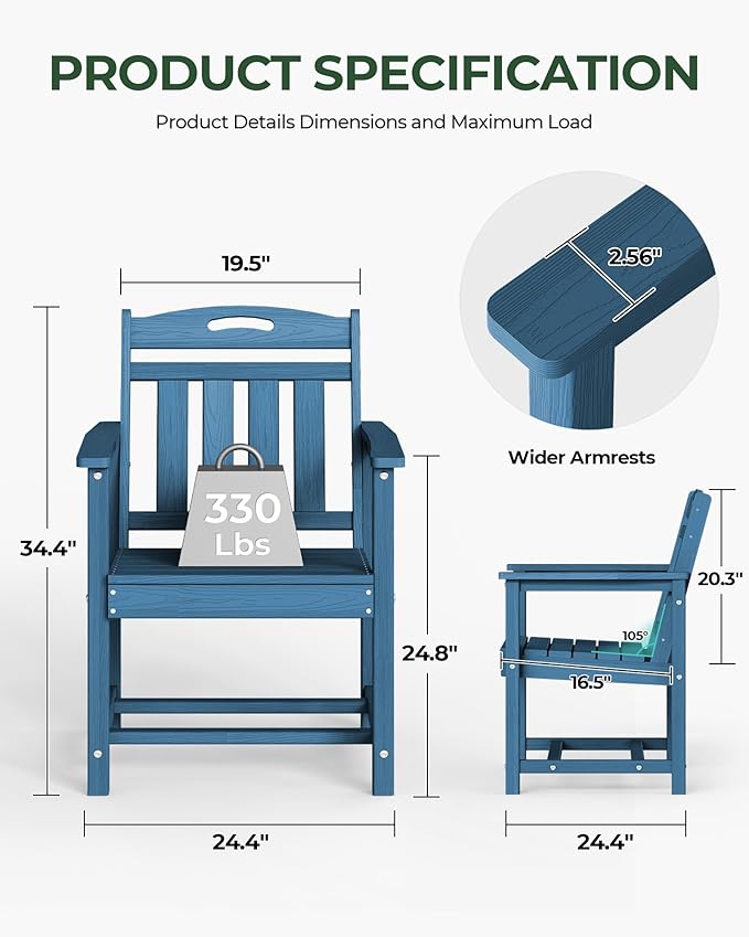 Set of 2 Weatherproof Patio Chairs - HDPE Outdoor Dining Chairs with Wide Seat, Ergonomic Design - for Garden, Backyard, Deck - Navy Blue Suunyn