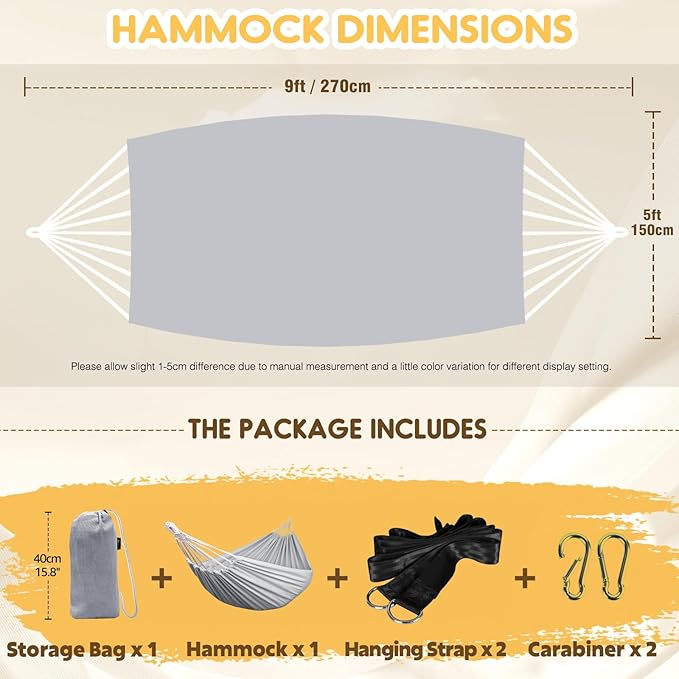 ANYOO Cotton Hammock Portable Camping Hammocks for Hanging Sturdy Garden Comfortable Fabric Hammock with Tree Straps Up to 660lbs with Travel Bag for Camping Outdoor/Indoor Patio Backyard Anyoo