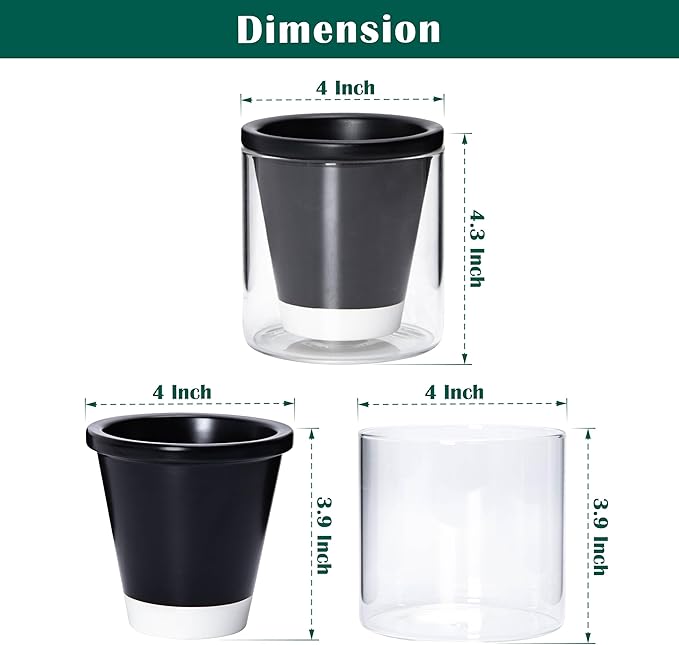 D'vine Dev 4 Inch Design Self Watering Planter for Indoor Plants, Black Terracotta Pot with Cylinder Glass Cup, Set of 4, 37-Z-A-3-F DvineDevPlanterPotsandStand
