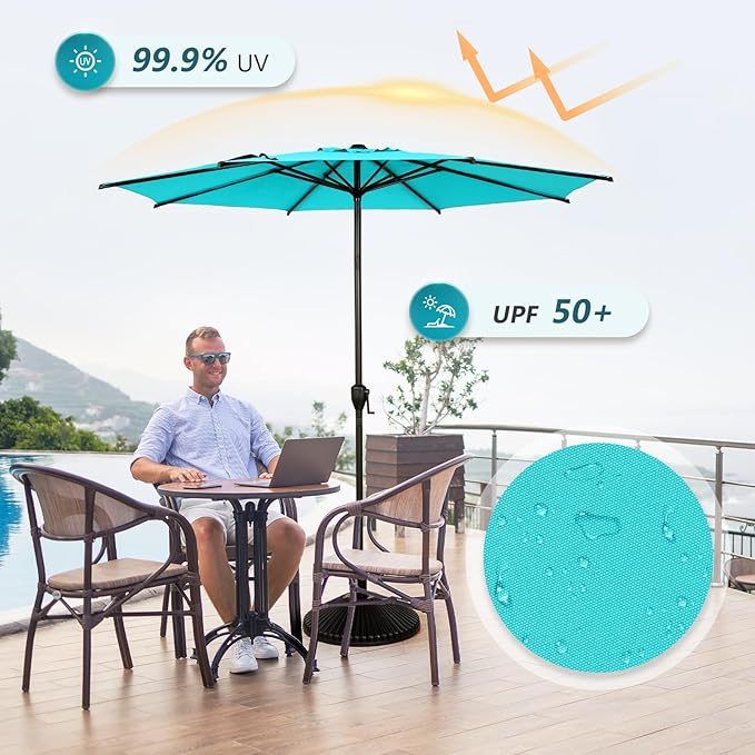 Abba Patio 11FT Lyon Outdoor Patio Umbrella Outdoor Table Umbrella with Push Button Tilt and Crank Market Umbrella 8 Sturdy Ribs UV Protection Waterproof for Garden Deck Backyard Pool, Turquoise AbbaPatio