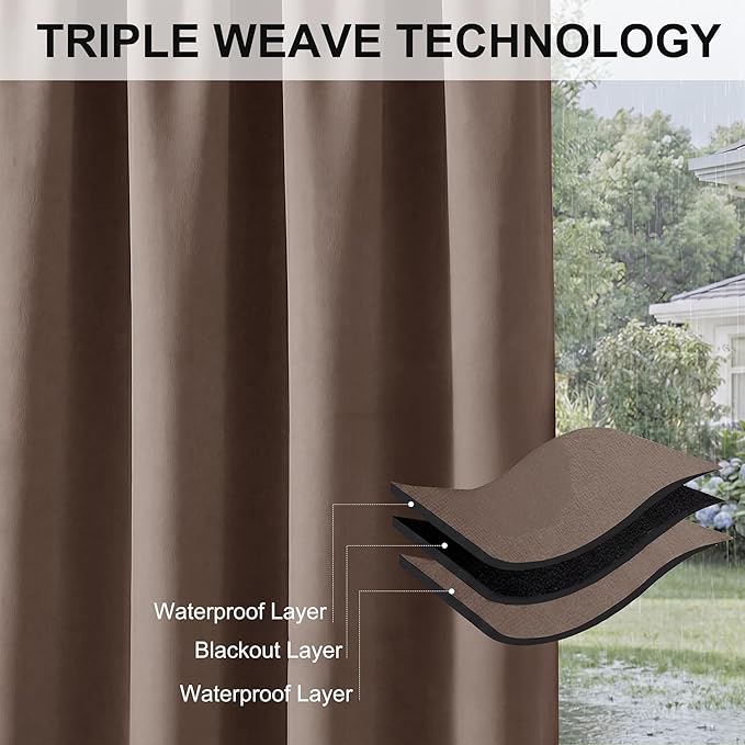 RYB HOME Outdoor Curtains for Patio Waterproof Block Sunlight Thermal Insulated Privacy Assured Thick Outside Curtains for Porch, Gazebo, Pergola, W84 x L84, Mocha, 1 Panel RYBHOME