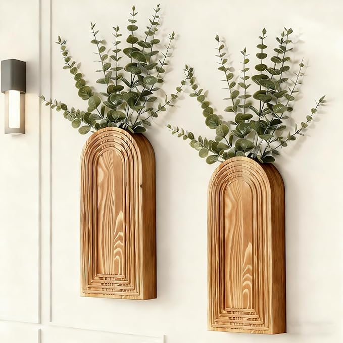 2 Pack Wooden Wall Vase Set, Boho Hanging Planter for Indoor Plants & Flowers, Wood Wall-Mounted Planters for Living Room, Modern Farmhouse Entryway or Bathroom, Rustic Art for Home (Brown) Rootora