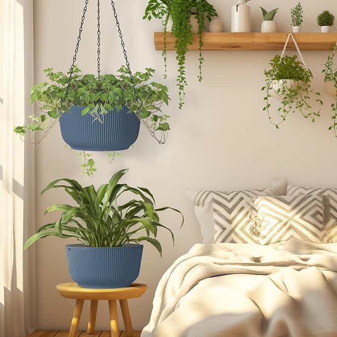 T4U 10 Inch Hanging Planters for Indoor Outdoor Plants, Hanging Baskets for Plants Pack of 2, Self Watering Hanging Pots with Drainage Hole for Garden Home Decor, Blue T4U