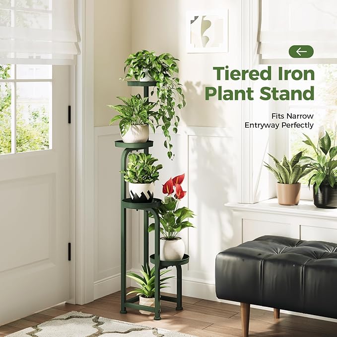 Bamworld Corner Plant Stand Indoor Outdoor, Tall Metal Flower Pot Stands for Multiple Plants, 4 Tier Dark Green Heavy Duty Plant Shelf for Patio Garden Balcony Living Room Bedroom(Patent Design) Bamworld