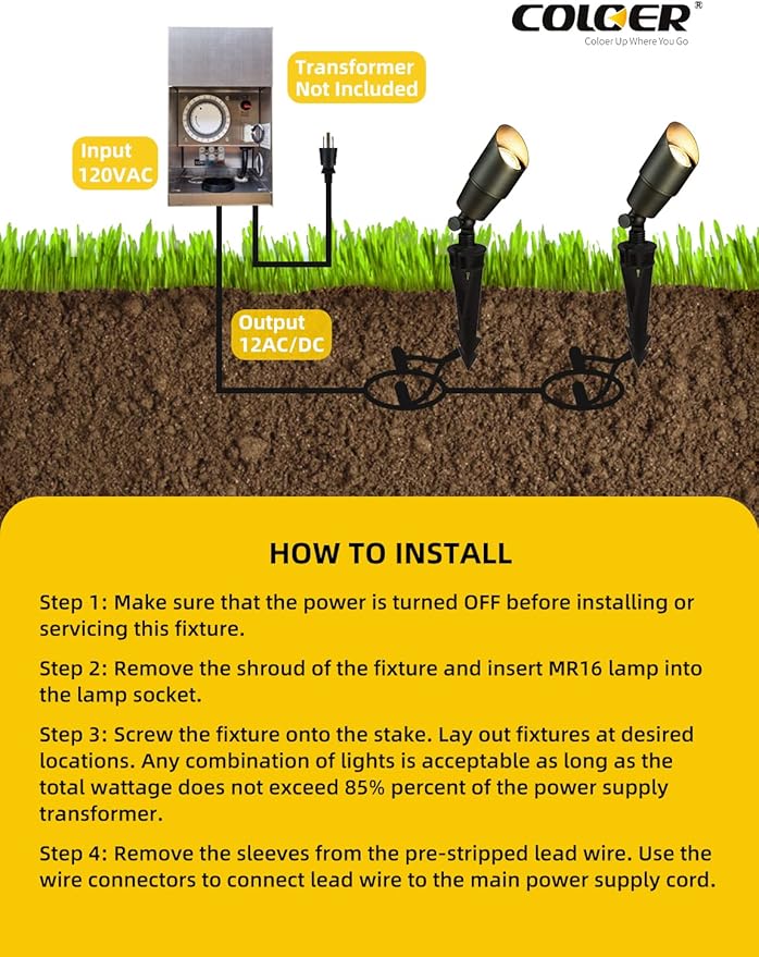 COLOER Die-cast Brass Low Voltage Spotlight 1-Pack with 5W Aluminum Housing MR16 LED Bulb 2700K 450LM CRI85+,12V AC/DC Outdoor Landscape Lighting, Directional Garden Patio Spot Up Light(101B) COLOER