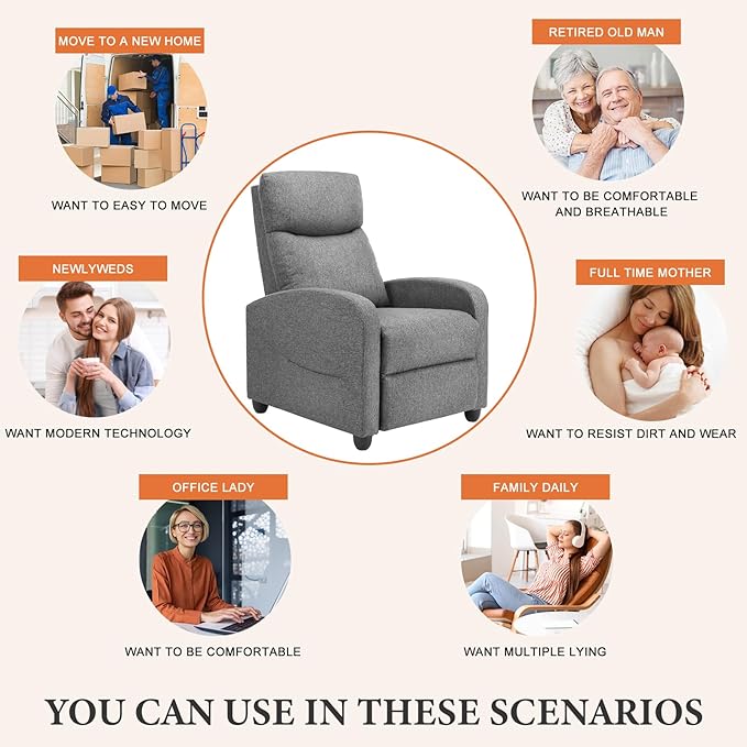 Sweetcrispy Massage Recliner Chair for Adults, Adjustable Home Theater Seating with Lumbar Support for Living Room, Modern Fabric Reclining, Cool Gray Sweetcrispy