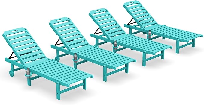 SERWALL Outdoor Chaise Lounge Set of 4, 78" Patio Lounge Chair with 5 Positions Adjustable Backrest, HDPE Lounger with Rolling Wheels & Cup Holder for Poolside, Beach, Garden, Aruba SERWALL