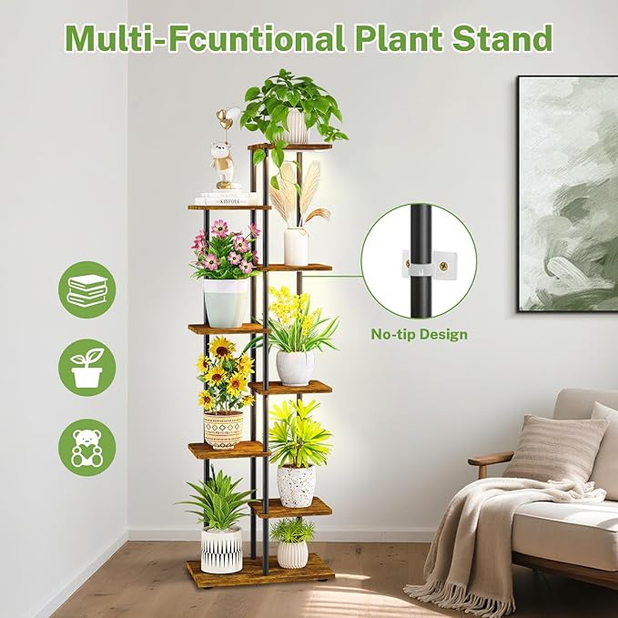 iDavosic.ly 7 Tier Tall Plant Stand Indoor with Light, Tiered Corner Metal Wood Multiple Flower Holder Shelf, 50 Inch Display Grow Rack for Living Room Bedroom, Modern Black & Rustic Brown iDavosicly