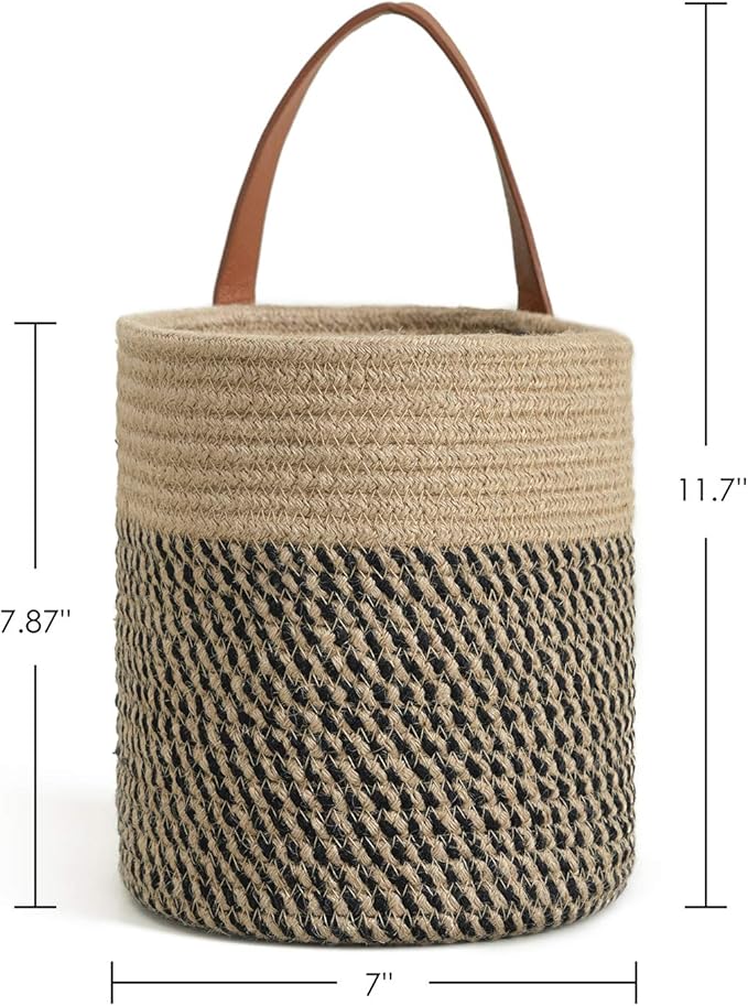 Goodpick 2pack Jute Rope Hanging Basket - 7.87" x 7" Small Woven Fern Wall Hanging Basket Flower Plants, Woven Storage, Black and Jute Goodpick