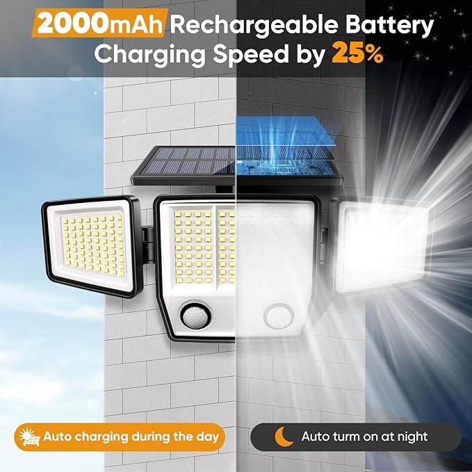 Solar Lights Outdoor Waterproof Motion Sensor - 416 LEDs 3000 Lumens Super Bright 3 Brightness 3 Modes 2400mAh 360° Illumination 32ft Solar Flood Security Light for Outside (Classic, 2) MDCMDCMSolarLightsOutdoor