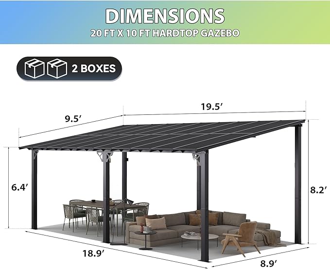Aoxun 20'x10' Gazebo for Patio, Premium Pergola with Sloped Roof, Large Wall-Mounted Heavy Duty Awnings, for Backyard, Patio, Deck and More Aoxun