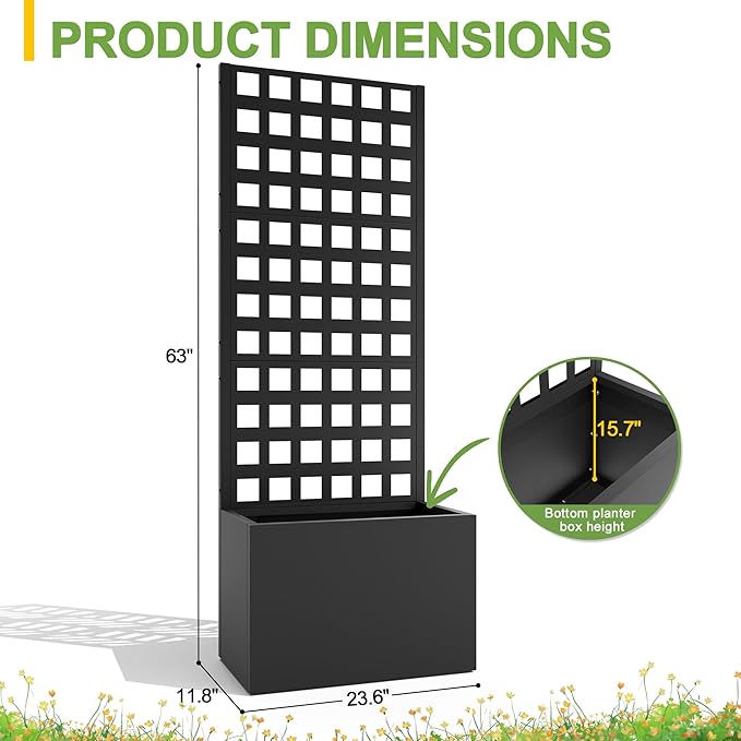 FENCY Metal Planter Box with Trellis, Planter Trellis for Climbing Plants Vegetable Vines, Trellis with Planter Box & Privacy Screen, Raised Garden Bed with Drainage Holes (23.6" L x 63" H/Lattice) FENCY