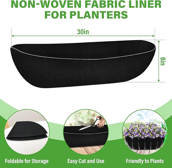 Riare 6 Pack 30 Inch Black Felt Window Box Liners- Fabric Trough Planter Basket Liners Replacement, Non-Woven Hanging Plant Liner for Wall Hanging Basket, Garden Fence Railing (Avoid Bird Nesting) Riare
