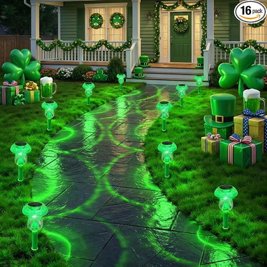 Solar Lights Outdoor, St Patricks Day 16 Pack Mushroom Landscape Lights Waterproof, Solar Powered LED Lighting for Garden Yard Path Pathway Lawn Walkway Driveway Backyard Decor (Green) SolarOutdoorLights