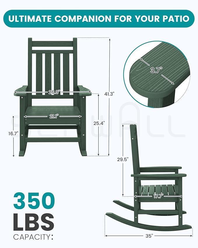 SERWALL Oversized Outdoor Rocking Chair Set of 4, HDPE Rocker for Adults, Patio Rocking Chairs for Porch, Green SERWALL