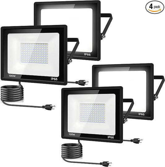 4Pack LED Flood Light Outdoor,100W LED Work Light 11000lm with 6FT US Plug,IP66 Waterproof Exterior Security Lights,6000K Daylight White Outside Floodlights Slim Design for Playground Yard garageangle