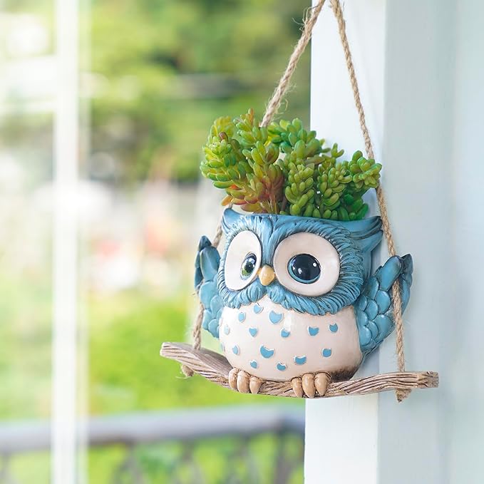 Swing Owl Hanging Planters for Indoor Plants, Cute Small Succulent Pots with Drainage Hole, Unique Resin Plant Hangers Outdoor, Hanging Plant Holder for String Of Pearls, Gift Ideas for Mother Saysmile