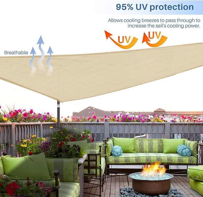 E&K Sunrise 10' x 10' x 10' Sun Shade Sail Triangle Canopy Shade Cover UV Block for Patio Backyard Garden Outdoor (Sand) EKSUNRISEINC