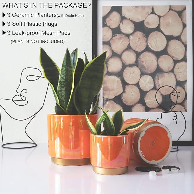 Gepege Ceramic Indoor Pots for Plants, Rainbow Pearl Glaze Planter with Drainage Hole, 6.0 inch+5.0 Inch+4.0 Inch. Orchid Flower Pots Gepege