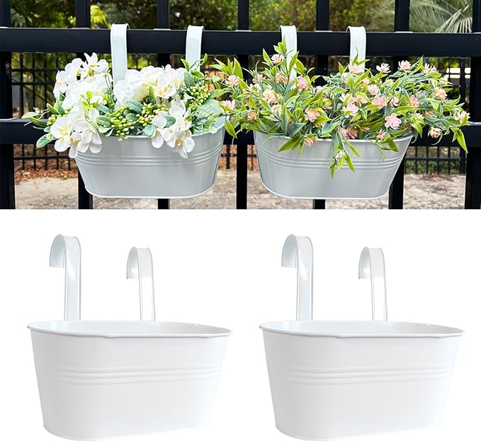 10" Hanging Flower Pots, Pack of 2 White Metal Outdoor Patio Balcony Planter, Railing Planters Fence Pot with Detachable Hook & Drainage Hole for Small Plants (White, 2Pcs) JOYFERNAL