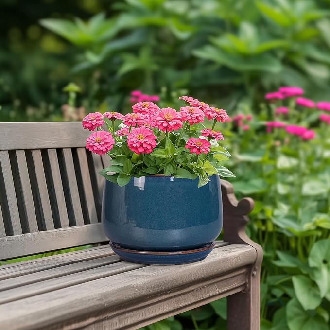 G EPGardening Ceramic Pot for Plants - Modern 7 Inch Round Planter with Drainage and Tray Indoor Outdoor for Flower, Porch Decor, Gardening Gifts, Retro Blue GEPGardening