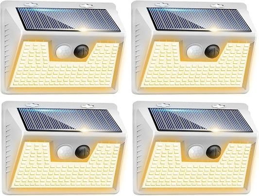 Peasur Solar Lights Outdoor Motion Sensor Waterproof, 4Pack 140LED White Solar Powered Fence Lights, 3 Modes Security Wall Lights for Garden Yard Outside Warm Peasur