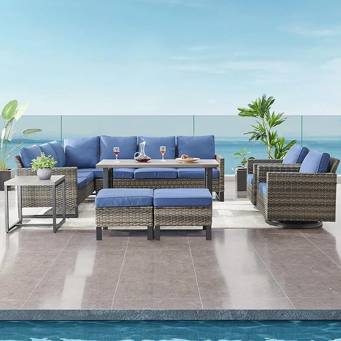 Belord Patio Sectional Furniture Set with Coffee Table: 8 Pieces Wicker Patio Conversation Set with L Shaped Sofa, Outdoor Swivel Glider Rocker, Rattan Ottomans, Removable Belord