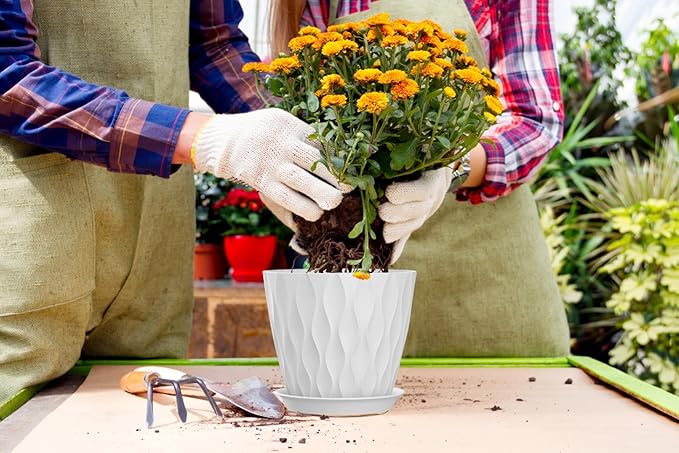 7 Inch Plant Pots 5 Pack, Flower Planters with Drainage Holes and Trays,Plastic Pots for Indoor Outdoor Plants,White SQKH