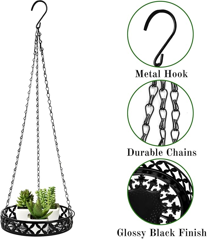 2 Pack Hanging Planters, 9.8 Inch Metal Plant Hanger, Decorative Glossy Black Plant Pot Holder, Planter Hanging Baskets with Chains and Hooks for Indoor or Outdoor Balcony Porch Home Decor ELFULLY