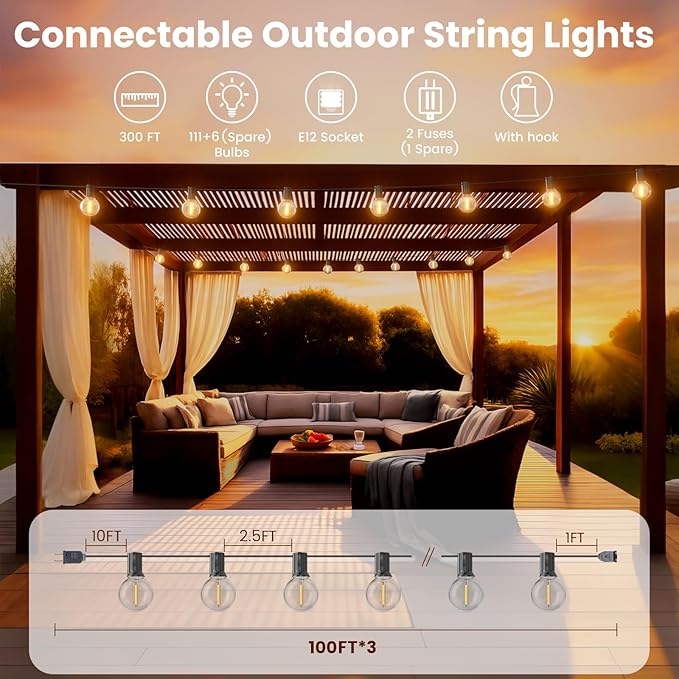 RTTY Classic 300FT Modular Professional Outdoor String Lights System with 111 G40 Bulbs (3x100FT) - Configure for Estate Borders, Multi-Area Event Sites, Commercial Corridors & Permanent Installations RTTY