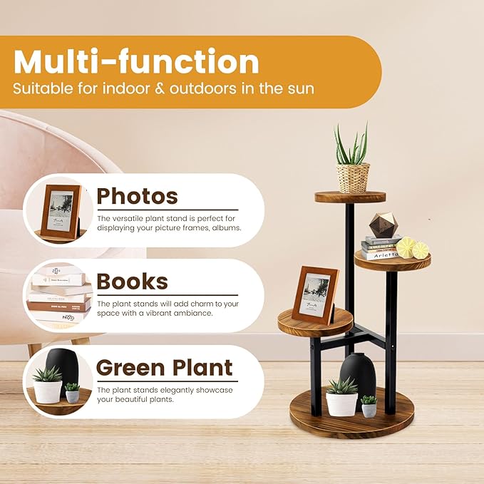 GEEBOBO 3 Tier Plant Stand Indoor, Metal Wood Plant Stands For Indoor Plants Multiple, Corner Tiered Flower Plants Shelf Stand for Living Room Bedroom, Brown GEEBOBO