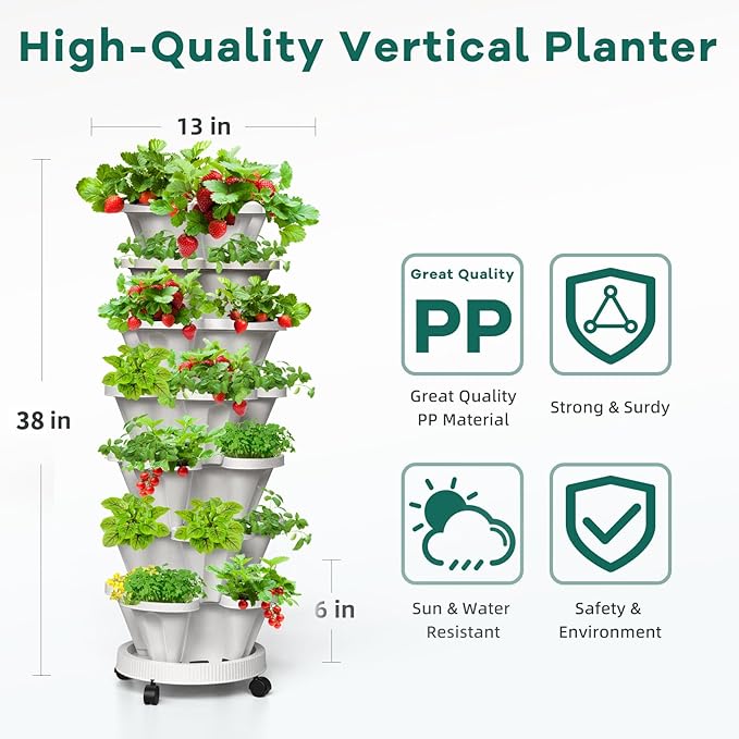 Strawberry Vertical Planter Tower Garden, 7 Tiered Stackable Planter Herb Garden Planter with Movable Casters and Bottom Saucer Indoor and Outdoor - White Tectsia