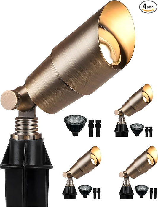 PARTPHONER Solid Brass Low Voltage Landscape Lighting, Wired 12V LED Landscape Spotlights with Aluminum Housing MR16 Bulb, Heavy Duty Outdoor Waterproof Up Lights for Garden, Yard, Trees, 4Pack PARTPHONER