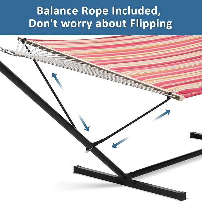 SUNCREAT Outdoor Hammock with Stand, Two Person Quilted Fabric Hammock Swing with 12ft Steel Stand, Red Stripes SUNCREAT