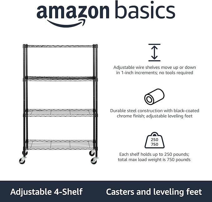 Amazon Basics 4-Shelf Heavy Duty Garage Shelving Storage Unit on 3" Wheel Casters, Adjustable Metal Wire Rack with Leveling Feet, 36" x 14" x 57.75", Black AmazonBasics