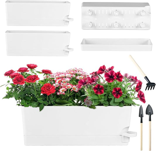 4 Pack Self Watering Pots for Indoor Plants 17 Inches Window Boxes Planters Rectangular Flower Pots Rectangle Herb Pots Large Plant Pots with Drainage Holes and Saucers Windowsill Planter, White KvyusFlourish