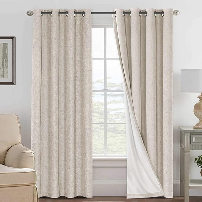 H.VERSAILTEX Linen 100% Blackout Curtains for Bedroom Full Light Blocking Curtains, Textured Window Curtain for Living Room 84 inch Grommet, Energy Efficient Curtains White Liner(2 Panels, Natural) HVERSAILTEX