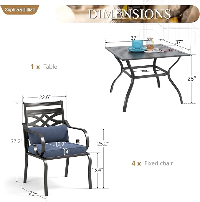 Sophia and William Outdoor Patio Dining Set for 4, Outdoor Table and Chairs, Removable Seat Cushions, Black 37" Patio Dining Table,Blue SophiaWilliam