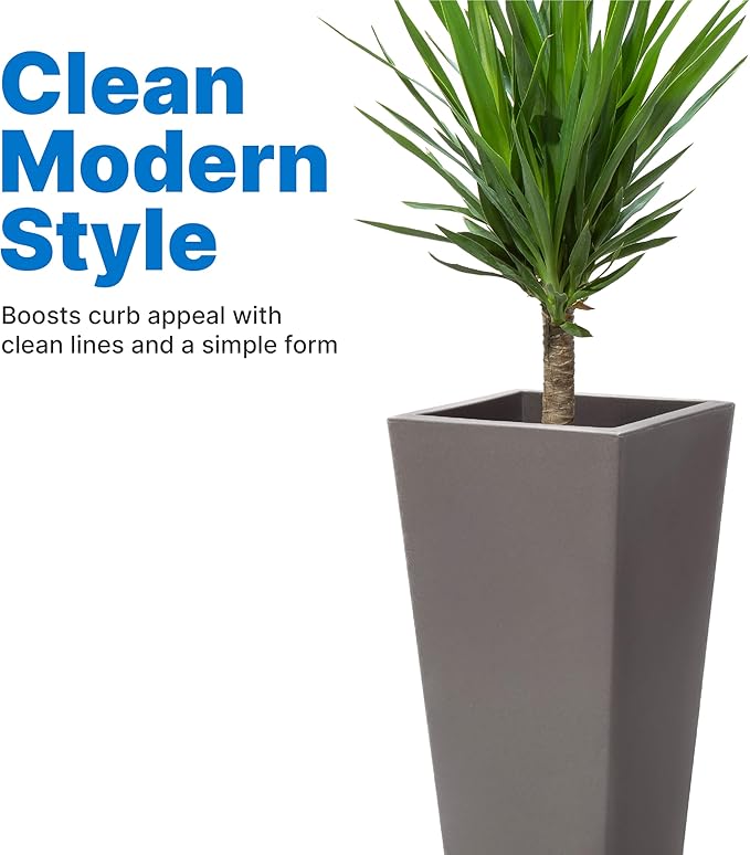 Step2 Tremont Tall Square Tapered Planter, Large Planters for Outdoor Plants, Gardening and Flower Pot for Patio or Porch, Efficient Drainage, Durable Plastic, Dark Cedar, 2-Pack Step2