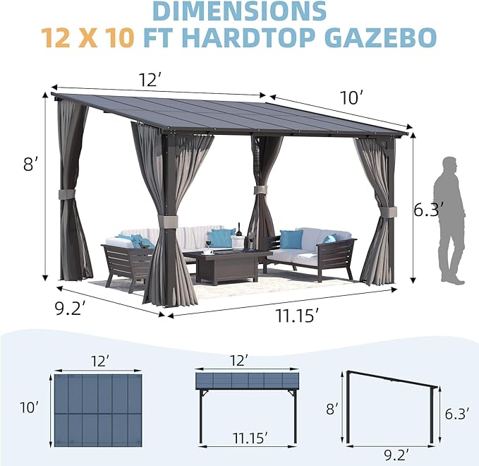 AECOJOY Wall Gazebo 12’ x 10’ with Curtains and Mosquito Netting, 10'x12' Hard Top Gazebos Pergola on Clearance, Outdoor Patio Lean to Gazebo Canopy Awnings for Deck, Porch, Backyard and Outside AECOJOY