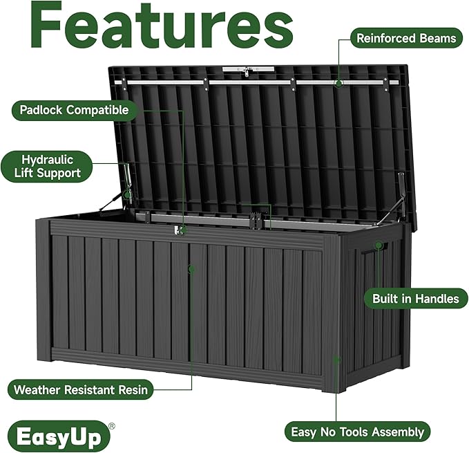 EasyUp 150 Gallon Outdoor Storage Box, Resin Waterproof UV-Resistant Deck Box with Hydraulic Lid Support, Reinforced Stability for Patio, Garden, and Poolside, Black EASYUP