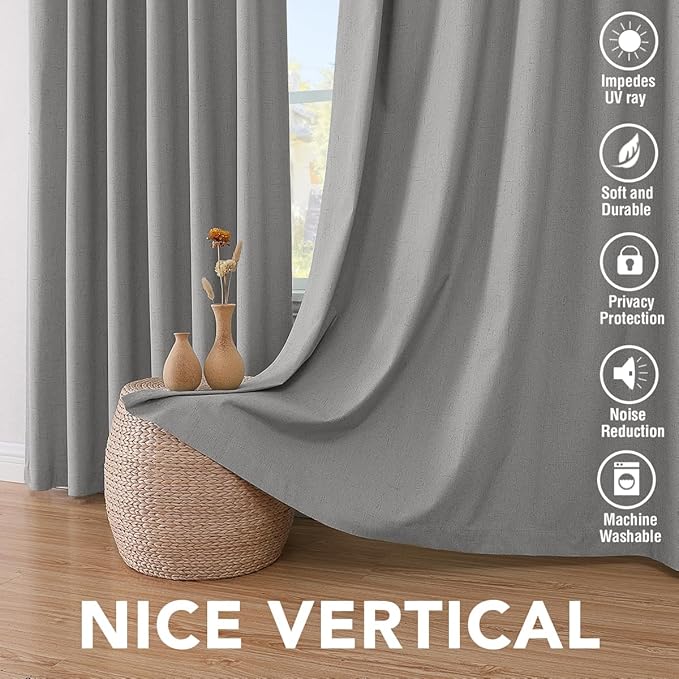 H.VERSAILTEX Primitive Linen Curtains 100% Blackout Curtain Drapes Burlap Curtains with White Thermal Insulated Liner, Grommet Top Drapes Living Room/Bedroom (2 Panels, 42 x 63 Inch, Dove Gray) HVERSAILTEX