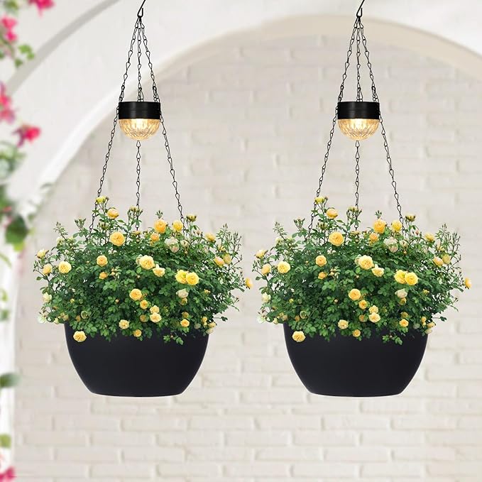 SUNNYPARK 2 Packs Hanging Planters Basket for Outdoor Plants, Solar Powered Self Watering Black Round Plastic Flower Pots with Drainer for Balcony Patio Garden Outdoor Decoration SUNNYPARK