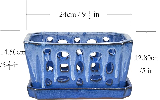 W&W Orchid Pot with Holes and Saucer for Repotting, White and Blue, 9.7 Inch WWHomeDecor