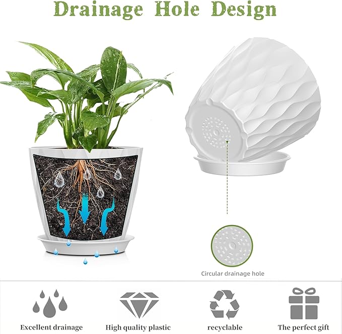 5 Inch Planter Pots, 6 Pack Indoor Planters, Small Flower Pots with Drainage Holes and Tray for Succulents, Orchids, Herbs and Other Indoor Plants (White, 5inch) SQKH
