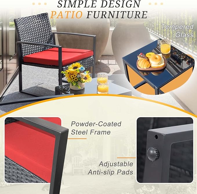 Flamaker 3 Pieces Wicker Patio Furniture Outdoor Modern Rattan Chair Conversation Sets with Coffee Table for Yard and Bistro (Red) Flamaker