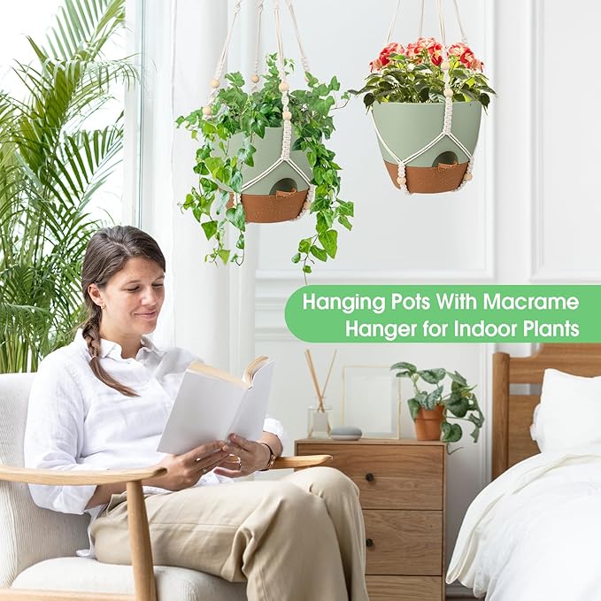 Hanging Planters for Indoor Outdoor Plants, 2 Pack Self Watering Hanging Pot with Drainage Holes, Removable Tray & 2 Kinds of Plant Hangers, 10'' Hanging Flower Pots for Home Garden Decor, Green Vanslogreen