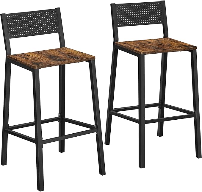 VASAGLE Bar Stools, Set of 2 Bar Chairs, Tall Bar Stools with Backrest, Industrial in Party Room, Rustic Brown and Black ULBC070B01 VASAGLEbySONGMICSHOME